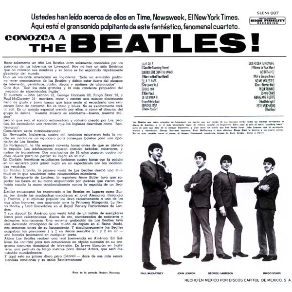 Conozca A The Beatles! (Mexico, 1964) (back cover)