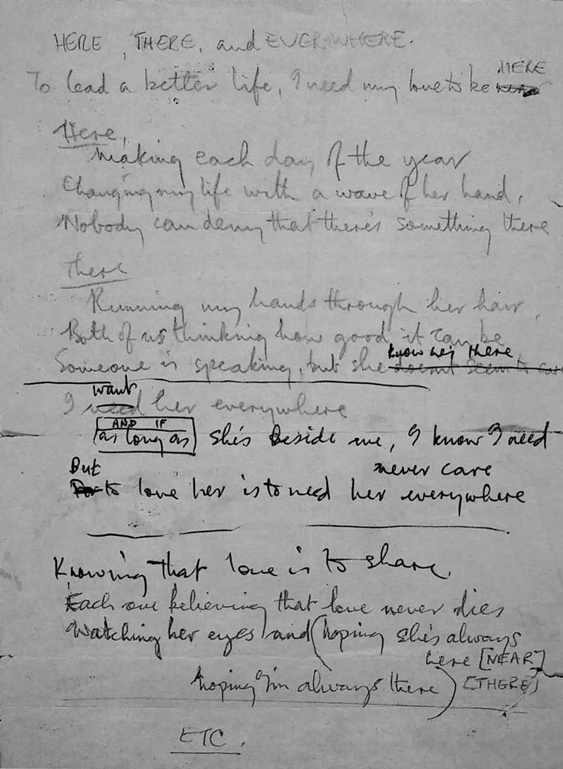 Paul McCartney’s original handwritten lyrics for Here, There, And Everywhere