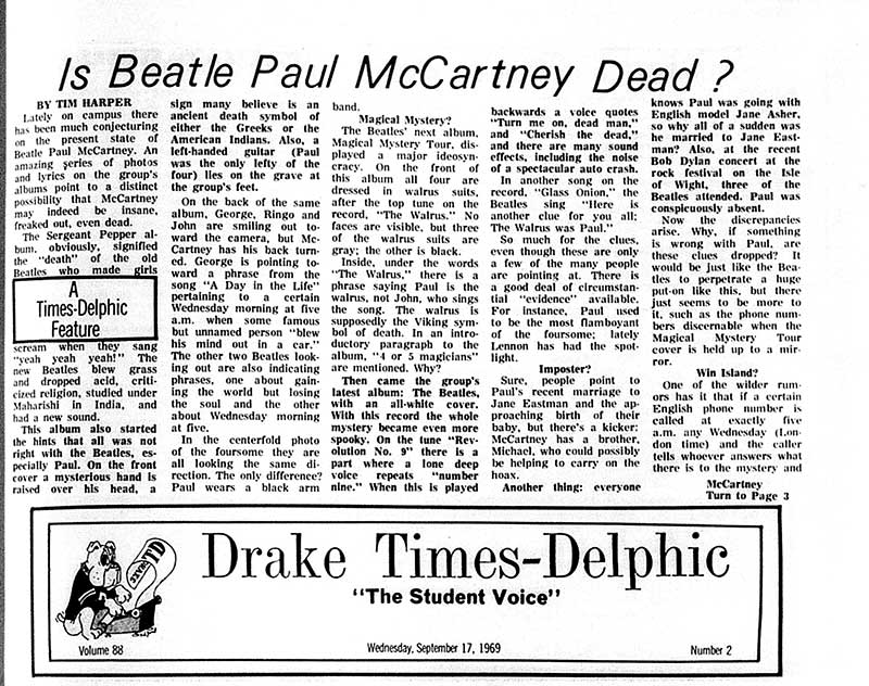 The Original Paul Is Dead Newspaper Article
