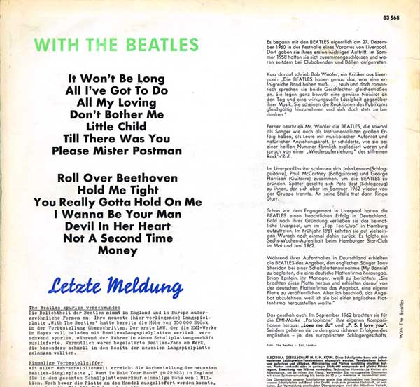 With The Beatles, Germany mono back cover